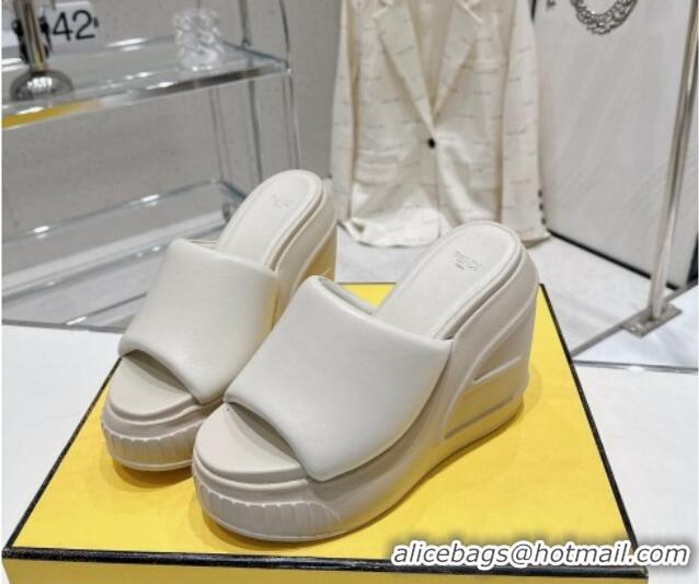 Shop Duplicate Fendi Fashion Show Wedge Slide Sandals 14cm in White Nappa Leather 329033