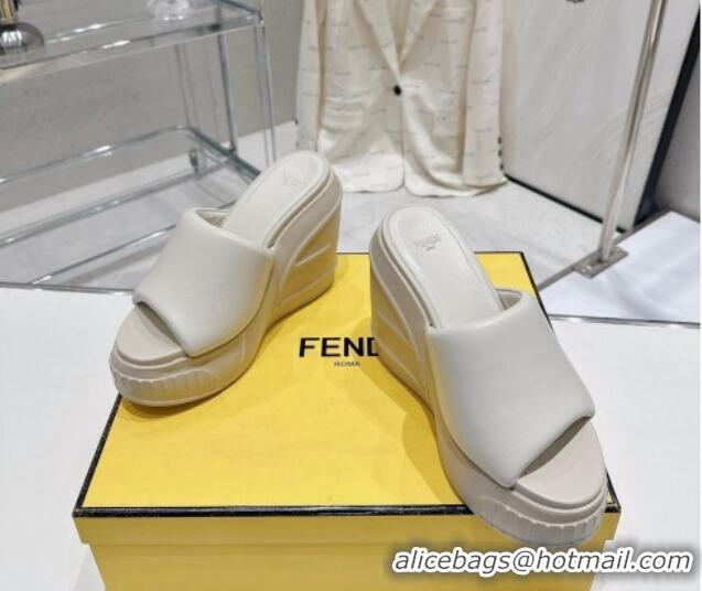 Shop Duplicate Fendi Fashion Show Wedge Slide Sandals 14cm in White Nappa Leather 329033