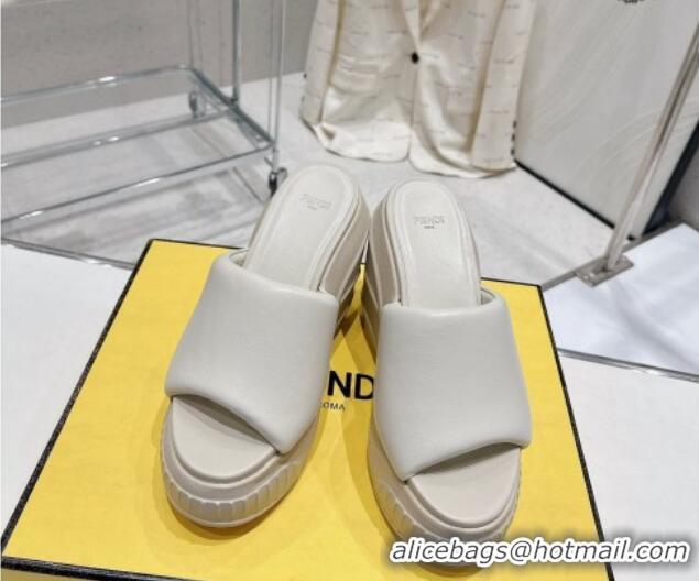 Shop Duplicate Fendi Fashion Show Wedge Slide Sandals 14cm in White Nappa Leather 329033