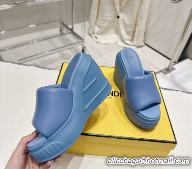 Most Popular Fendi Fashion Show Wedge Slide Sandals 14cm in Blue Nappa Leather 0329034