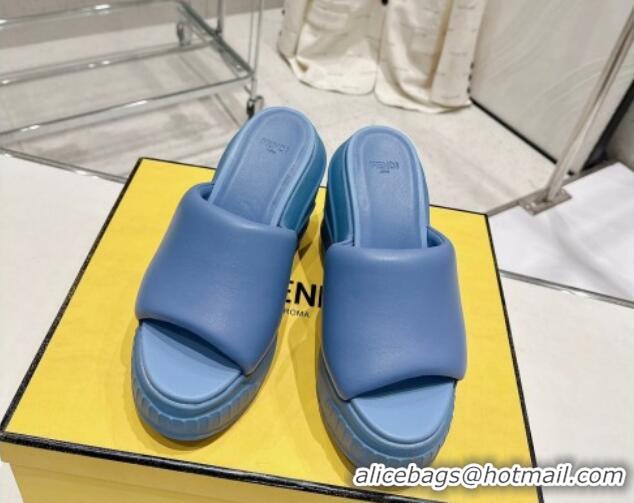 Most Popular Fendi Fashion Show Wedge Slide Sandals 14cm in Blue Nappa Leather 0329034