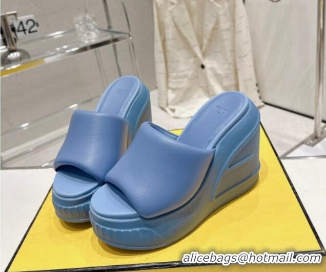 Most Popular Fendi Fashion Show Wedge Slide Sandals 14cm in Blue Nappa Leather 0329034