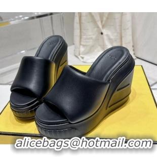 Good Looking Fendi Fashion Show Wedge Slide Sandals 14cm in Black Nappa Leather 329035