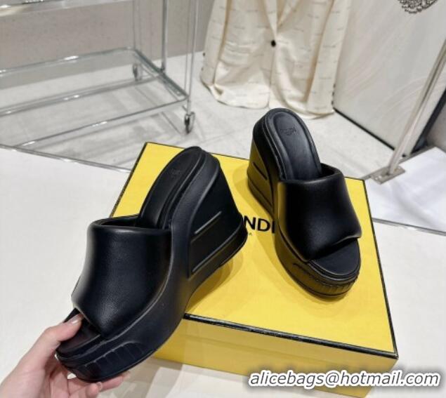 Good Looking Fendi Fashion Show Wedge Slide Sandals 14cm in Black Nappa Leather 329035