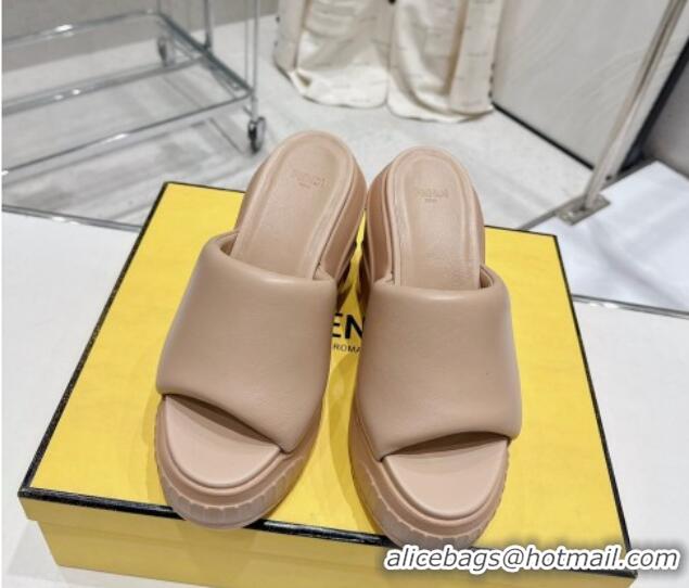 Cheap Price Fendi Fashion Show Wedge Slide Sandals 14cm in Beige Nappa Leather 329037