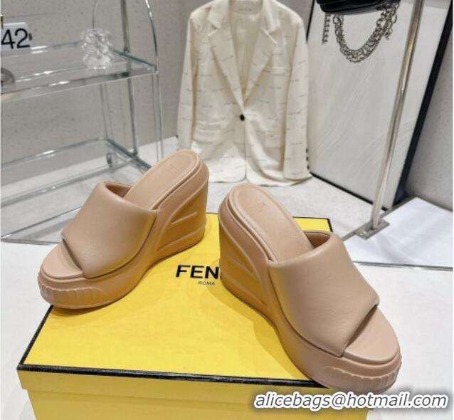 Cheap Price Fendi Fashion Show Wedge Slide Sandals 14cm in Beige Nappa Leather 329037