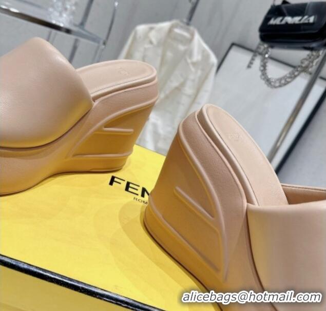 Cheap Price Fendi Fashion Show Wedge Slide Sandals 14cm in Beige Nappa Leather 329037