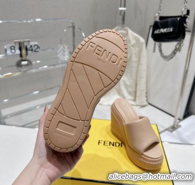 Cheap Price Fendi Fashion Show Wedge Slide Sandals 14cm in Beige Nappa Leather 329037