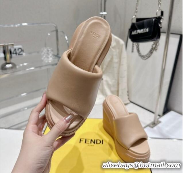 Cheap Price Fendi Fashion Show Wedge Slide Sandals 14cm in Beige Nappa Leather 329037