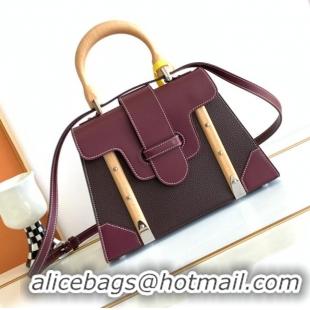 Top Design Goyard Saigon Bag In Yellow NIEVRE Goat Leather And Beech Wood Handle 8007 Burgundy