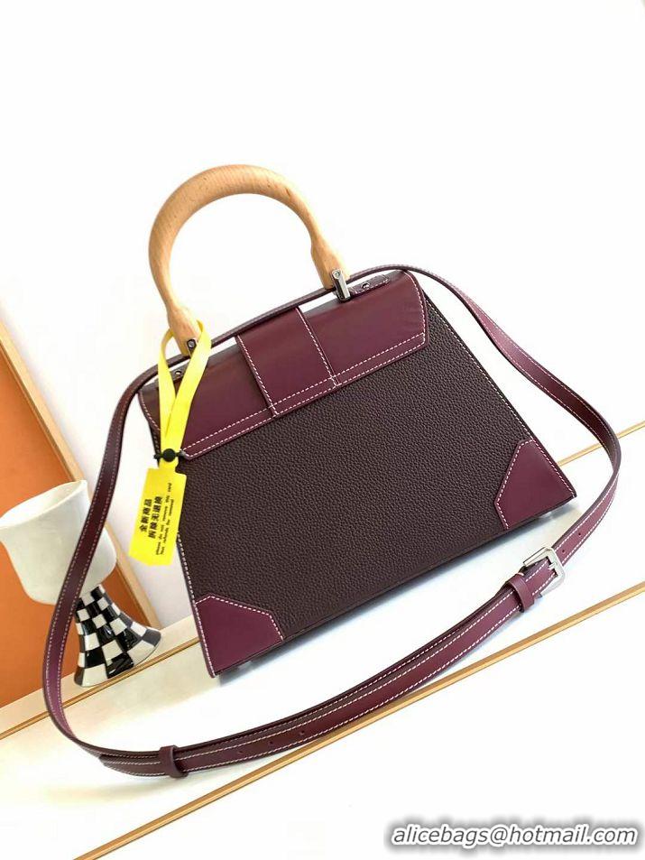 Top Design Goyard Saigon Bag In Yellow NIEVRE Goat Leather And Beech Wood Handle 8007 Burgundy