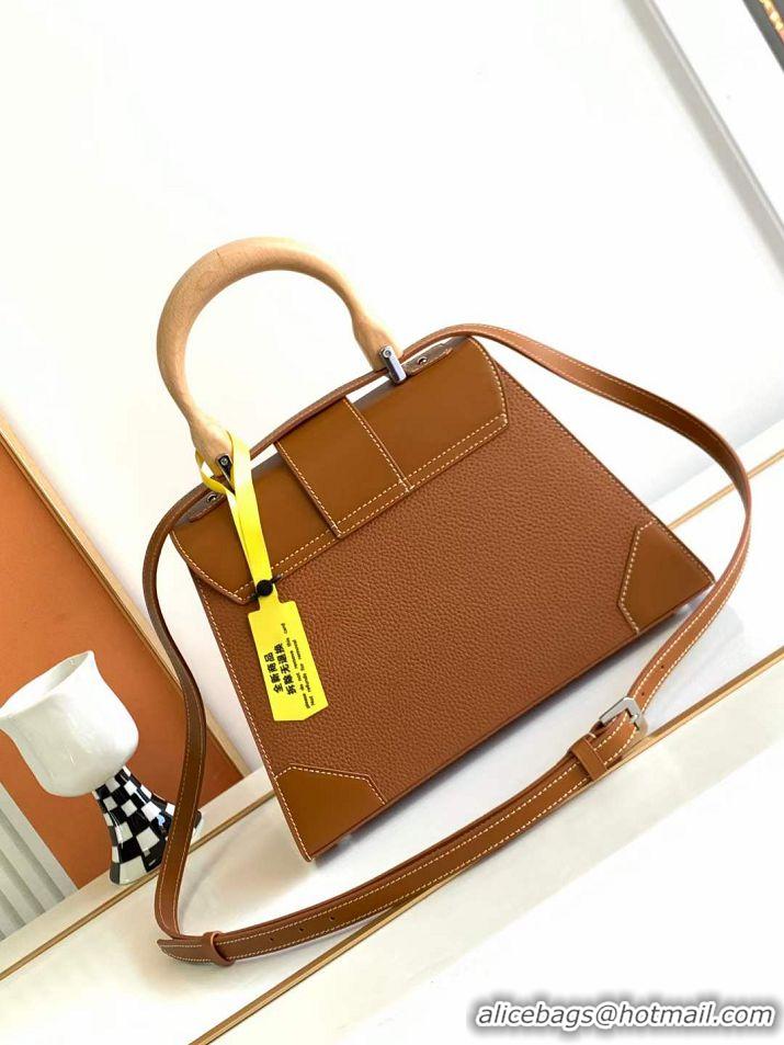 Best Grade Goyard Saigon Bag In Yellow NIEVRE Goat Leather And Beech Wood Handle 8007 Brown