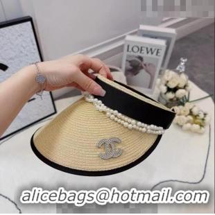 Original Cheap Chanel Straw Visor Hat with Pearls 061306 Beige 2023