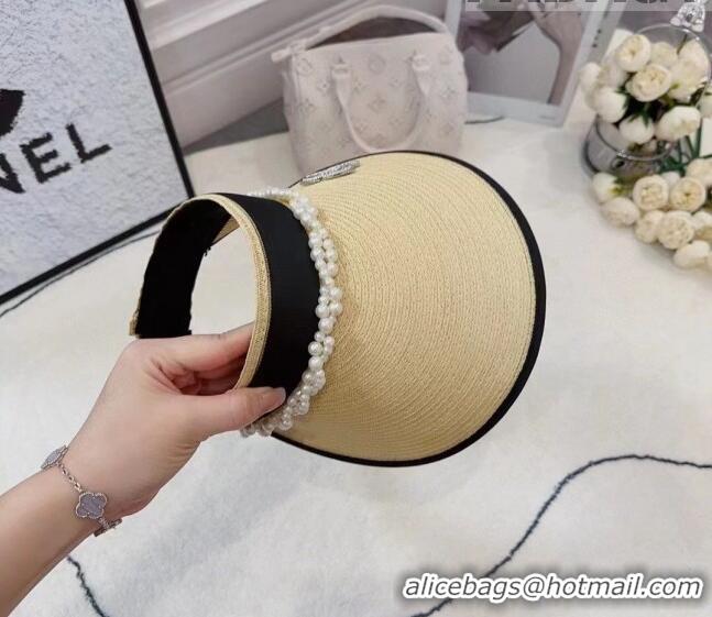 Original Cheap Chanel Straw Visor Hat with Pearls 061306 Beige 2023