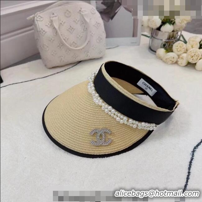 Original Cheap Chanel Straw Visor Hat with Pearls 061306 Beige 2023