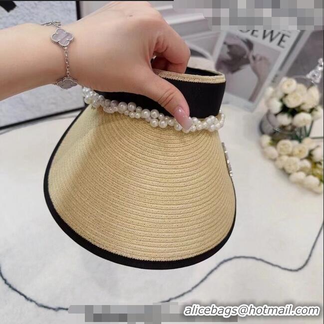 Original Cheap Chanel Straw Visor Hat with Pearls 061306 Beige 2023