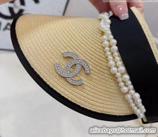 Original Cheap Chanel Straw Visor Hat with Pearls 061306 Beige 2023