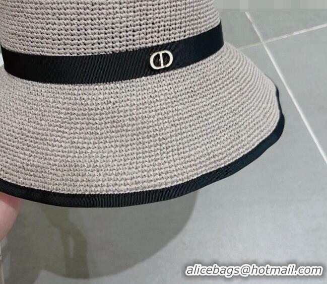 Luxury New Dior CD Straw Wide Brim Hat with Bow 0613 Grey 2023