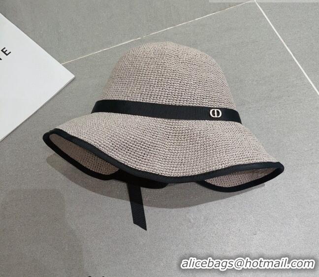 Luxury New Dior CD Straw Wide Brim Hat with Bow 0613 Grey 2023