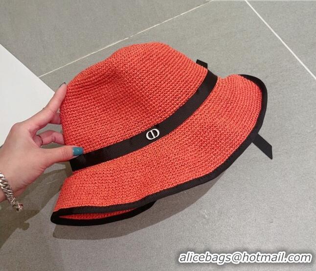 Buy Discount Dior CD Straw Wide Brim Hat with Bow 0613 Orange 2023