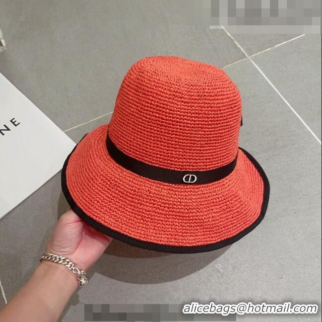 Buy Discount Dior CD Straw Wide Brim Hat with Bow 0613 Orange 2023