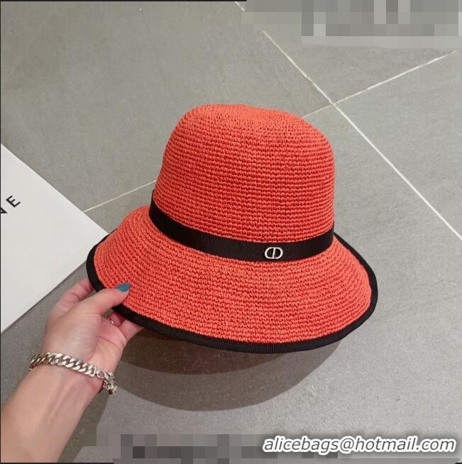 Buy Discount Dior CD Straw Wide Brim Hat with Bow 0613 Orange 2023