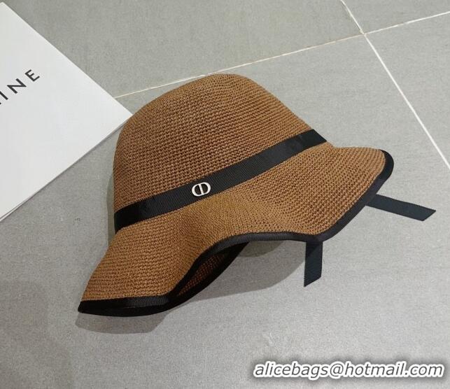 Modern Classic Dior CD Straw Wide Brim Hat with Bow 0613 Brown 2023