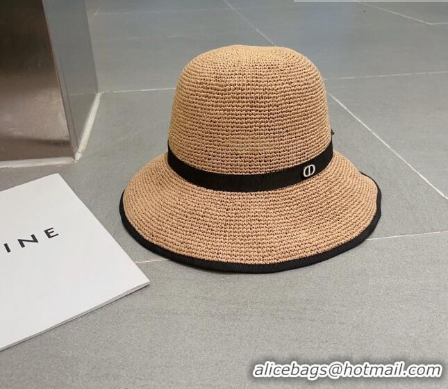 Generous Dior CD Straw Wide Brim Hat with Bow 0613 Khaki 2023