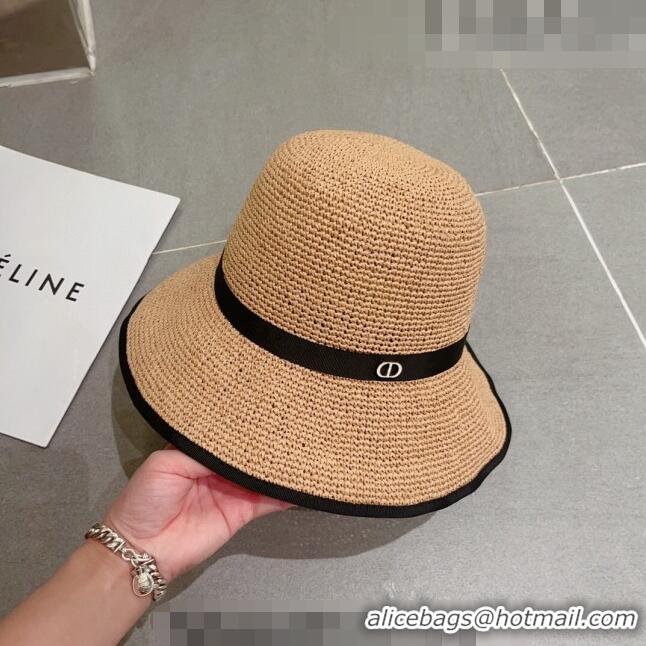 Generous Dior CD Straw Wide Brim Hat with Bow 0613 Khaki 2023