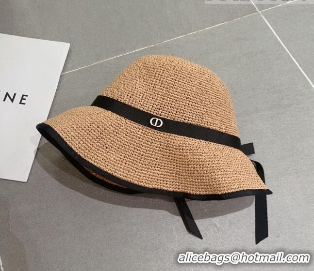 Generous Dior CD Straw Wide Brim Hat with Bow 0613 Khaki 2023