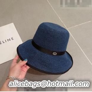 Top Quality Dior CD Straw Wide Brim Hat with Bow 0613 Navy Blue 2023