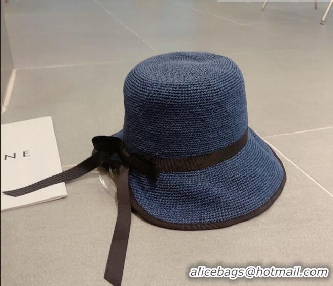 Top Quality Dior CD Straw Wide Brim Hat with Bow 0613 Navy Blue 2023