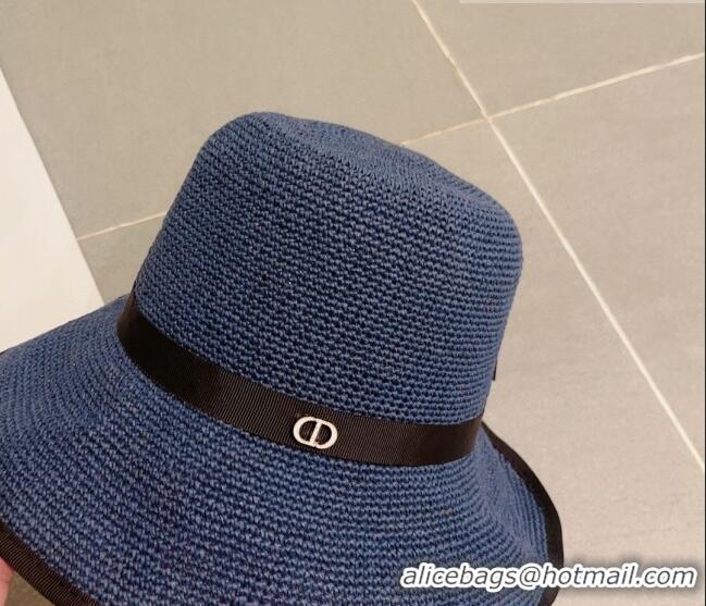 Top Quality Dior CD Straw Wide Brim Hat with Bow 0613 Navy Blue 2023