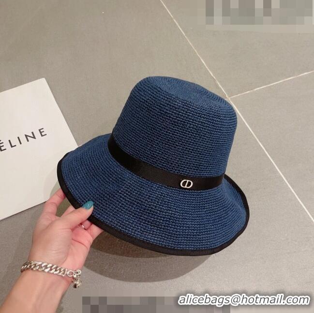 Top Quality Dior CD Straw Wide Brim Hat with Bow 0613 Navy Blue 2023