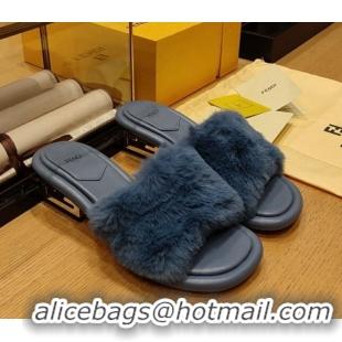 Popular Style Fendi Baguette Heel Slide Sandals 6cm in Mink Fur Blue 420073