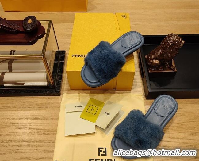 Popular Style Fendi Baguette Heel Slide Sandals 6cm in Mink Fur Blue 420073