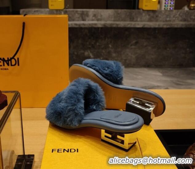 Popular Style Fendi Baguette Heel Slide Sandals 6cm in Mink Fur Blue 420073