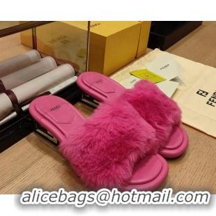 Good Quality Fendi Baguette Heel Slide Sandals 6cm in Mink Fur Dark Pink 420074