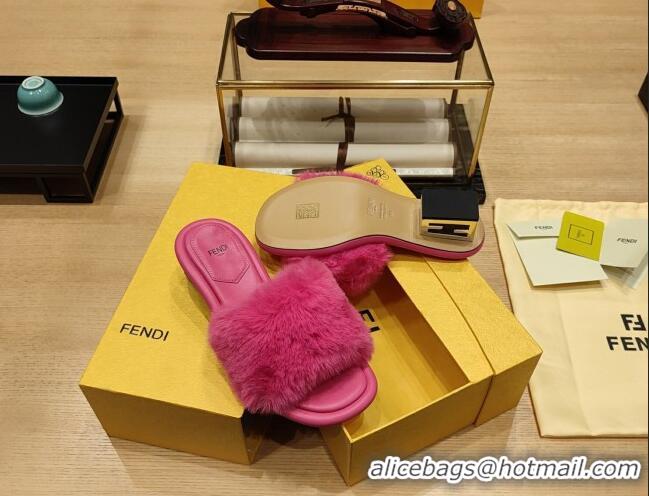 Good Quality Fendi Baguette Heel Slide Sandals 6cm in Mink Fur Dark Pink 420074