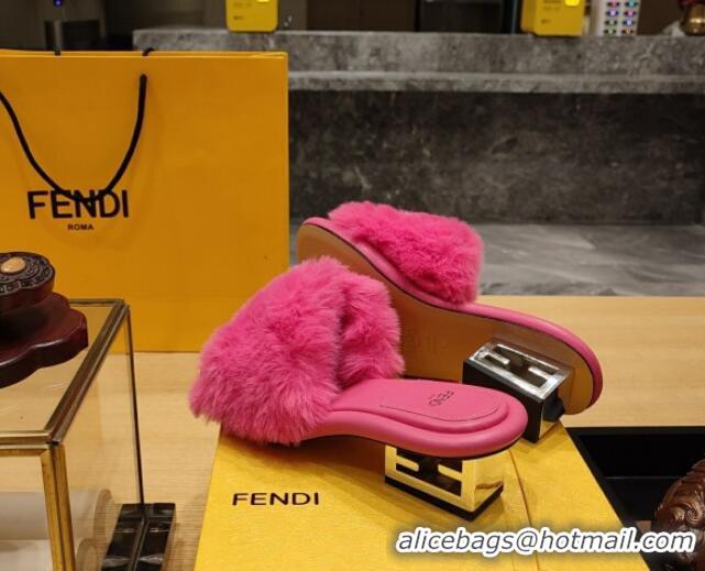 Good Quality Fendi Baguette Heel Slide Sandals 6cm in Mink Fur Dark Pink 420074