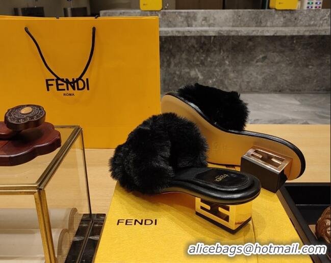 Discount Fendi Baguette Heel Slide Sandals 6cm in Mink Fur Black 420075