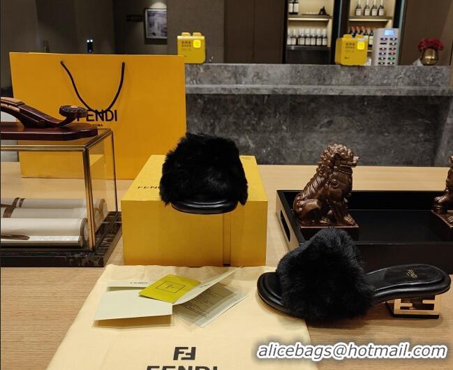 Discount Fendi Baguette Heel Slide Sandals 6cm in Mink Fur Black 420075