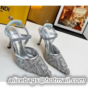 Grade Quality Fendi Colibri Lite Slingbacks Pumps 8cm in Fringed FF Mesh Silver 420076