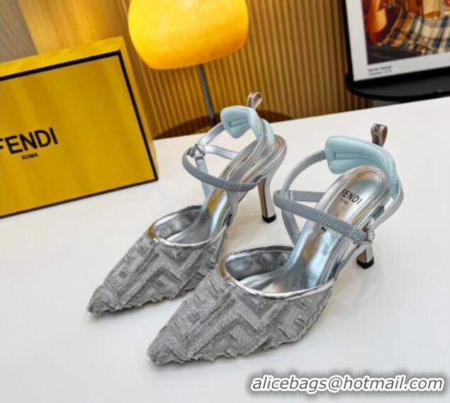 Grade Quality Fendi Colibri Lite Slingbacks Pumps 8cm in Fringed FF Mesh Silver 420076