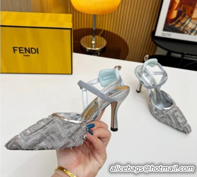 Grade Quality Fendi Colibri Lite Slingbacks Pumps 8cm in Fringed FF Mesh Silver 420076