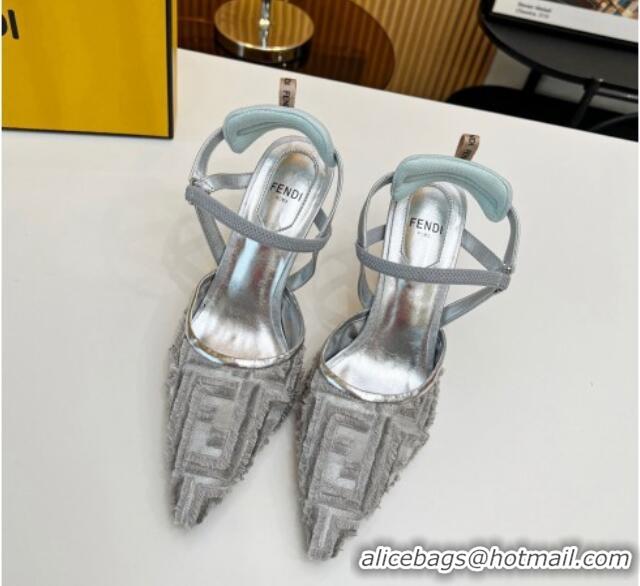 Grade Quality Fendi Colibri Lite Slingbacks Pumps 8cm in Fringed FF Mesh Silver 420076