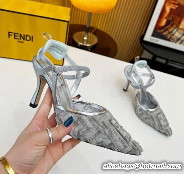 Grade Quality Fendi Colibri Lite Slingbacks Pumps 8cm in Fringed FF Mesh Silver 420076