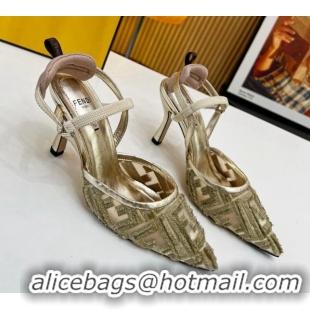 Top Grade Fendi Colibri Lite Slingbacks Pumps 8cm in Fringed FF Mesh Gold 420077