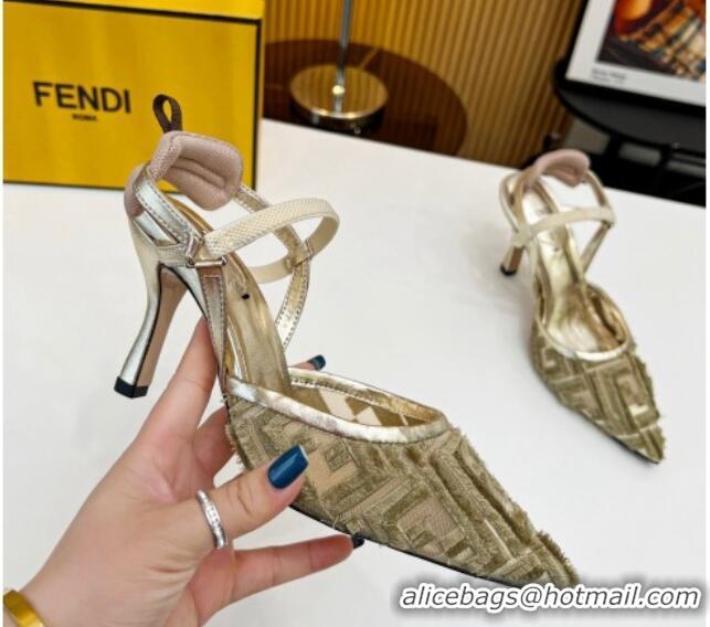 Top Grade Fendi Colibri Lite Slingbacks Pumps 8cm in Fringed FF Mesh Gold 420077