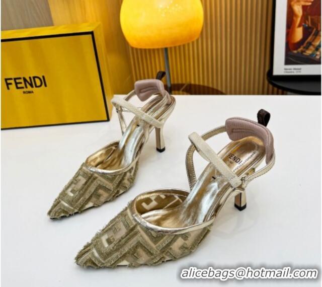 Top Grade Fendi Colibri Lite Slingbacks Pumps 8cm in Fringed FF Mesh Gold 420077